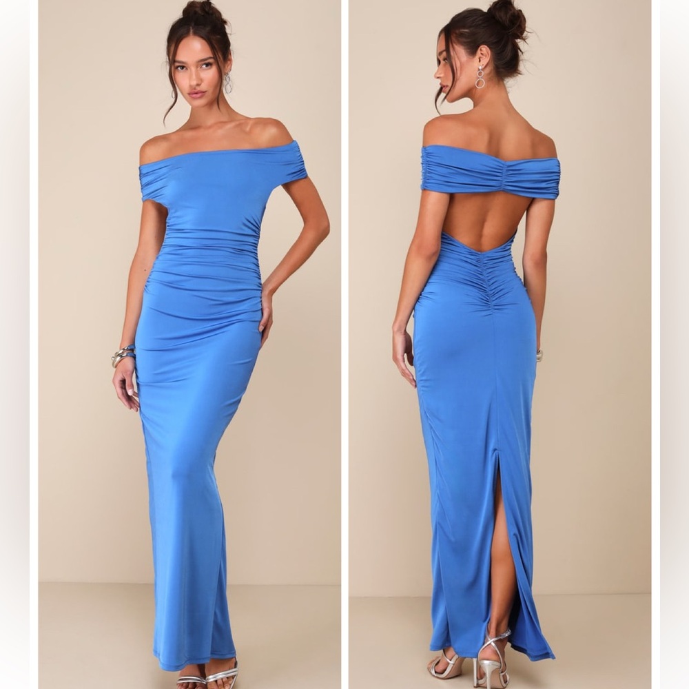 Lulus Brilliant Elegance Blue Off-the-Shoulder Backless Maxi Dress Size XS Sexy